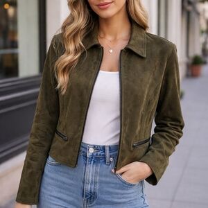 Suzannah James Olive Suede-Look Zip Jacket Size 16 Classic Structured Blazer